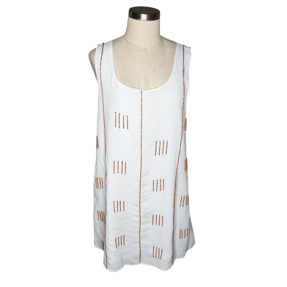 CIEBON Misella Shift Dress White Wood Beaded Sleeveless Women's Size Medium